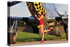 Sexy 1940's Style Pin-Up Girl Posing with a P-51 Mustang-null-Stretched Canvas