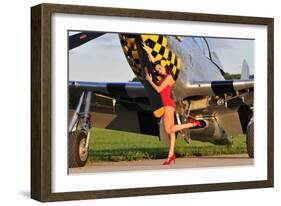 Sexy 1940's Style Pin-Up Girl Posing with a P-51 Mustang-null-Framed Photographic Print