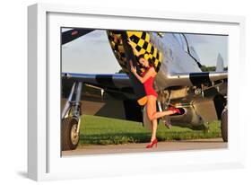 Sexy 1940's Style Pin-Up Girl Posing with a P-51 Mustang-null-Framed Photographic Print