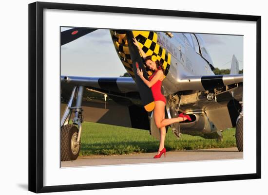 Sexy 1940's Style Pin-Up Girl Posing with a P-51 Mustang-null-Framed Photographic Print
