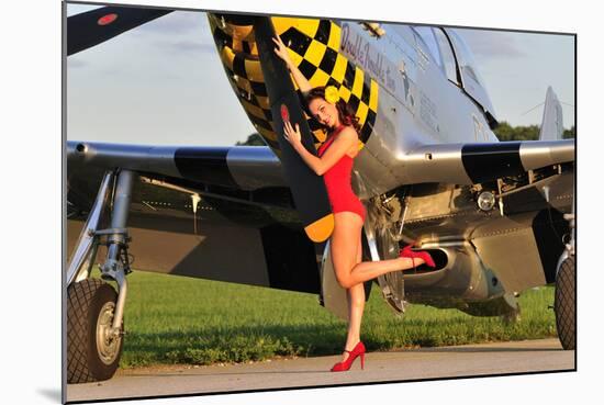 Sexy 1940's Style Pin-Up Girl Posing with a P-51 Mustang-null-Mounted Photographic Print