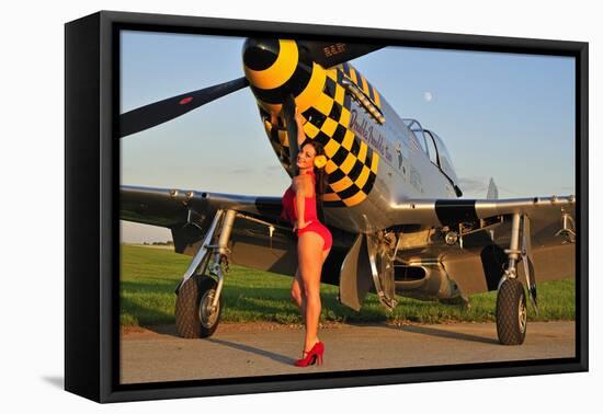 Sexy 1940's Style Pin-Up Girl Posing with a P-51 Mustang-null-Framed Stretched Canvas