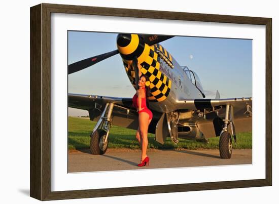 Sexy 1940's Style Pin-Up Girl Posing with a P-51 Mustang-null-Framed Photographic Print