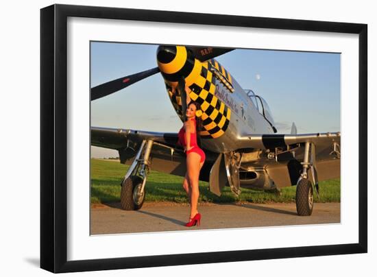 Sexy 1940's Style Pin-Up Girl Posing with a P-51 Mustang-null-Framed Photographic Print