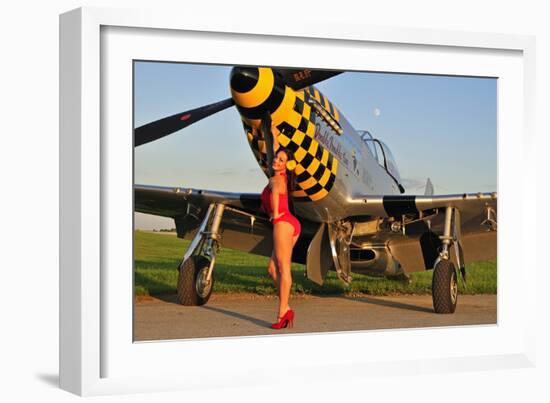 Sexy 1940's Style Pin-Up Girl Posing with a P-51 Mustang-null-Framed Photographic Print