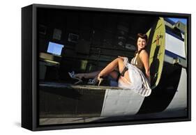 Sexy 1940's Style Pin-Up Girl Sitting Inside of a C-47 Skytrain Aircraft-null-Framed Stretched Canvas