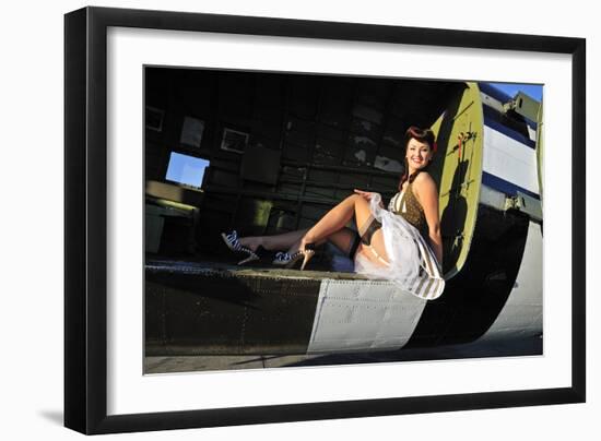 Sexy 1940's Style Pin-Up Girl Sitting Inside of a C-47 Skytrain Aircraft-null-Framed Premium Photographic Print