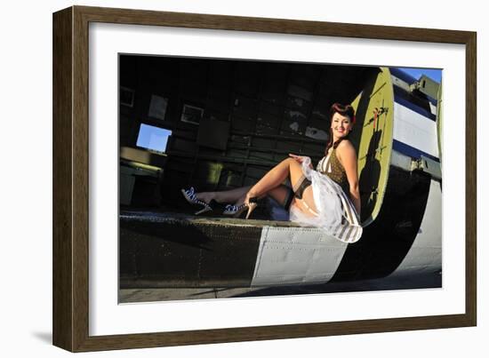 Sexy 1940's Style Pin-Up Girl Sitting Inside of a C-47 Skytrain Aircraft-null-Framed Photographic Print