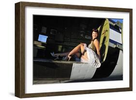 Sexy 1940's Style Pin-Up Girl Sitting Inside of a C-47 Skytrain Aircraft-null-Framed Photographic Print