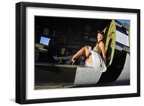 Sexy 1940's Style Pin-Up Girl Sitting Inside of a C-47 Skytrain Aircraft-null-Framed Photographic Print