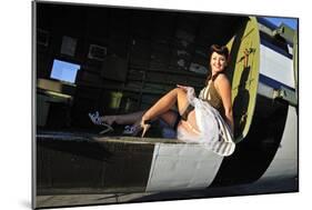 Sexy 1940's Style Pin-Up Girl Sitting Inside of a C-47 Skytrain Aircraft-null-Mounted Photographic Print