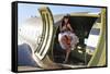 Sexy 1940's Style Pin-Up Girl Standing Inside of a C-47 Skytrain Aircraft-null-Framed Stretched Canvas