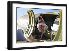 Sexy 1940's Style Pin-Up Girl Standing Inside of a C-47 Skytrain Aircraft-null-Framed Photographic Print