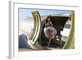 Sexy 1940's Style Pin-Up Girl Standing Inside of a C-47 Skytrain Aircraft-null-Framed Photographic Print