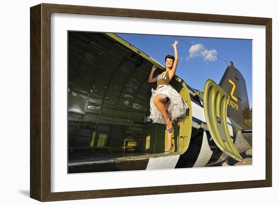 Sexy 1940's Style Pin-Up Girl Standing Inside of a C-47 Skytrain Aircraft-null-Framed Photographic Print