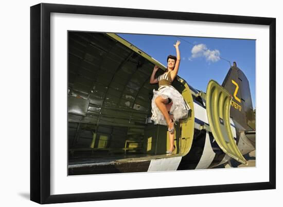 Sexy 1940's Style Pin-Up Girl Standing Inside of a C-47 Skytrain Aircraft-null-Framed Photographic Print