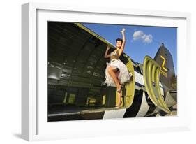 Sexy 1940's Style Pin-Up Girl Standing Inside of a C-47 Skytrain Aircraft-null-Framed Photographic Print