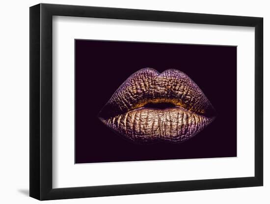 Sexy Female Golden or Gold Lips Isolated on Black Background as Makeup or Body Art Painted Mouth Me-Volodymyr Tverdokhlib-Framed Photographic Print