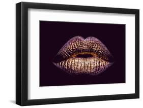 Sexy Female Golden or Gold Lips Isolated on Black Background as Makeup or Body Art Painted Mouth Me-Volodymyr Tverdokhlib-Framed Photographic Print