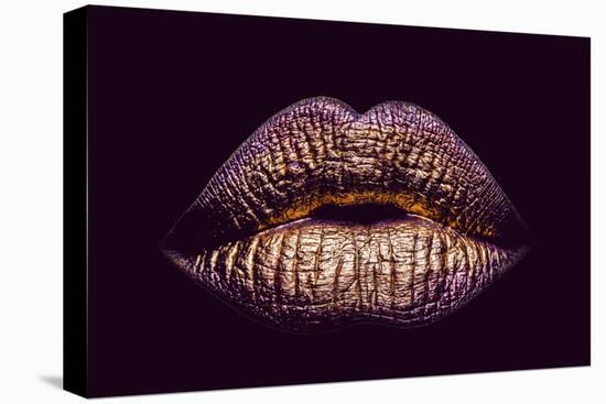 Sexy Female Golden or Gold Lips Isolated on Black Background as Makeup or Body Art Painted Mouth Me-Volodymyr Tverdokhlib-Stretched Canvas