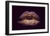 Sexy Female Golden or Gold Lips Isolated on Black Background as Makeup or Body Art Painted Mouth Me-Volodymyr Tverdokhlib-Framed Photographic Print