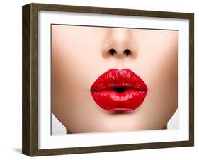 Sexy Lips. Beauty Red Lip Makeup Detail. Beautiful Make-Up Closeup. Sensual Open Mouth. Lipstick Or-Subbotina Anna-Framed Photographic Print