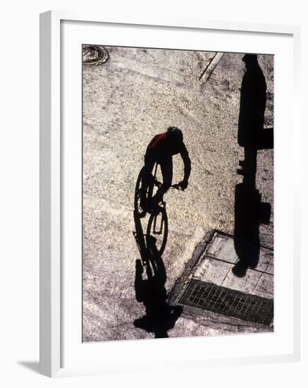 Shadow and Silhouette of Cyclistist and Pedestrian, New York, New York, USA-null-Framed Photographic Print