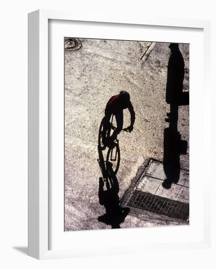 Shadow and Silhouette of Cyclistist and Pedestrian, New York, New York, USA-null-Framed Photographic Print