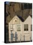 Shadow of Couple Walking Past Beach Huts, Granite Boulders, Cote De Granit Rose, Brittany-David Hughes-Stretched Canvas