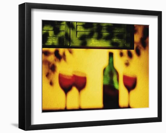 Shadow of Red Wine Bottle and Red Wine Glasses on Wall-Peter Howard Smith-Framed Photographic Print