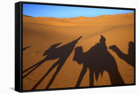 Shadows of Camels and Riders in the Desert, Merzouga, Morocco, North Africa-Neil Farrin-Framed Stretched Canvas