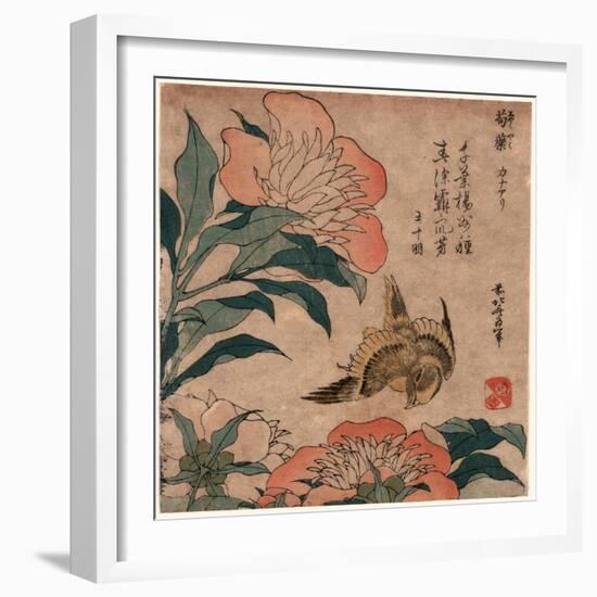 Shakuyaku Kana Ari, Peony and Canary. [1833 or 1834], 1 Print : Woodcut, Color ; 19.2 X 17.4-Katsushika Hokusai-Framed Giclee Print