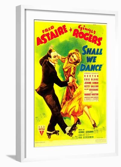 SHALL WE DANCE?, from left: Fred Astaire, Ginger Rogers on midget window card, 1937-null-Framed Art Print
