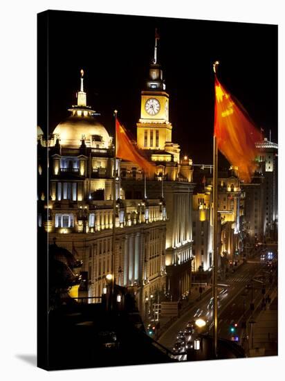 Shanghai, China Bund at Night Cars, Flags-William Perry-Stretched Canvas