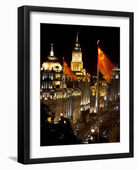 Shanghai, China Bund at Night Cars, Flags-William Perry-Framed Photographic Print