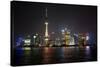 Shanghai, China, Evening Cityscape and Lights with River Reflection-Darrell Gulin-Stretched Canvas