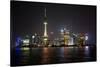 Shanghai, China, Evening Cityscape and Lights with River Reflection-Darrell Gulin-Stretched Canvas