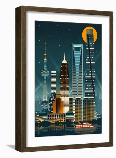 Shanghai, China - Retro Skyline (no text)-Lantern Press-Framed Art Print