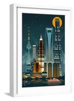 Shanghai, China - Retro Skyline (no text)-Lantern Press-Framed Art Print