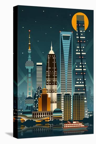 Shanghai, China - Retro Skyline (no text)-Lantern Press-Stretched Canvas