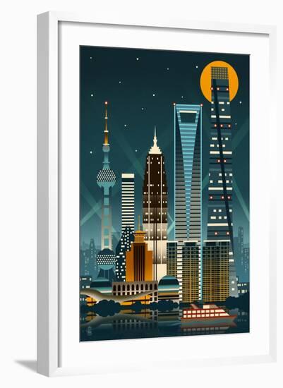 Shanghai, China - Retro Skyline (no text)-Lantern Press-Framed Art Print