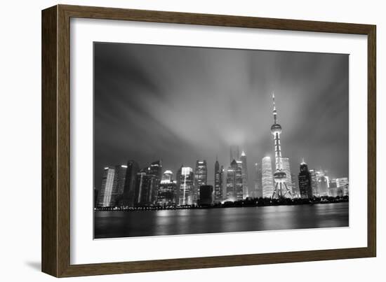 Shanghai Skyline At Night In Black And White-Songquan Deng-Framed Art Print