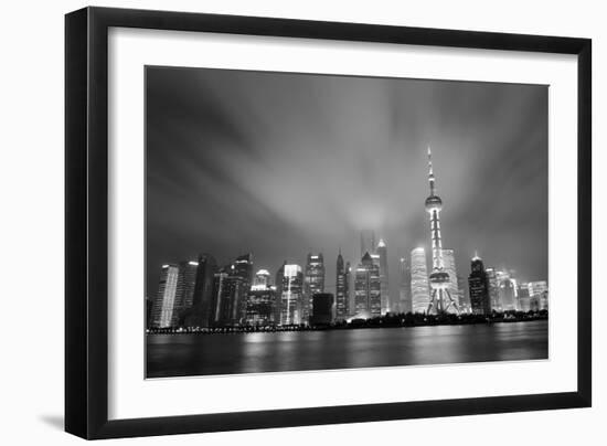 Shanghai Skyline At Night In Black And White-Songquan Deng-Framed Art Print