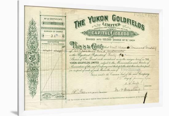 Share Certificate for the Yukon Goldfields-null-Framed Photographic Print