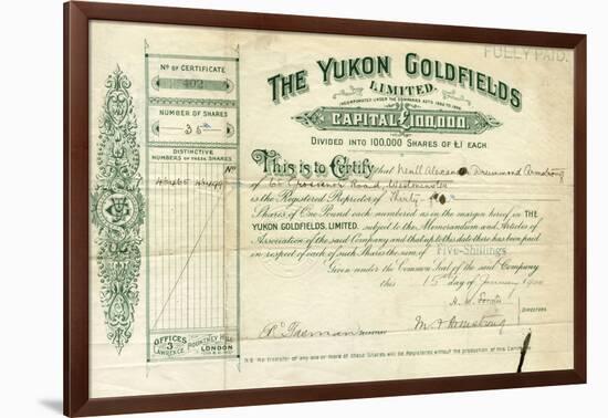 Share Certificate for the Yukon Goldfields-null-Framed Photographic Print