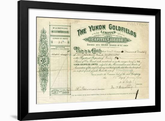 Share Certificate for the Yukon Goldfields-null-Framed Photographic Print