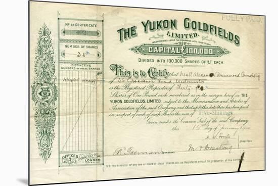 Share Certificate for the Yukon Goldfields-null-Mounted Photographic Print