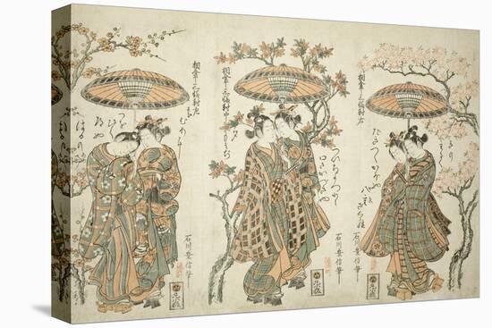 Sharing an Umbrella - A Set of Three , c.1755-Ishikawa Toyonobu-Stretched Canvas