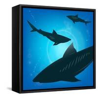 Sharks under Water. Fish in Ocean, Animal Nature Life, Swimming Wildlife, Vector Illustration-Zhukov-Framed Stretched Canvas