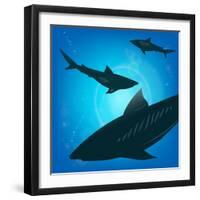 Sharks under Water. Fish in Ocean, Animal Nature Life, Swimming Wildlife, Vector Illustration-Zhukov-Framed Art Print